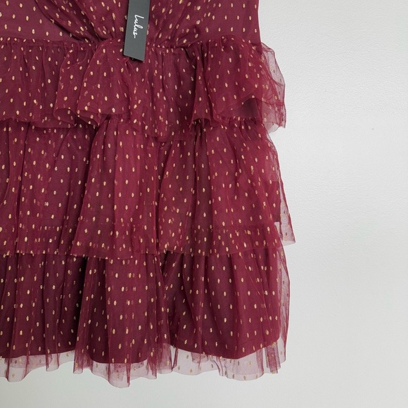 Lulu’s Forever Sparkling Burgundy Dotted Mesh Tiered Mini Dress - Picture 8 of 10